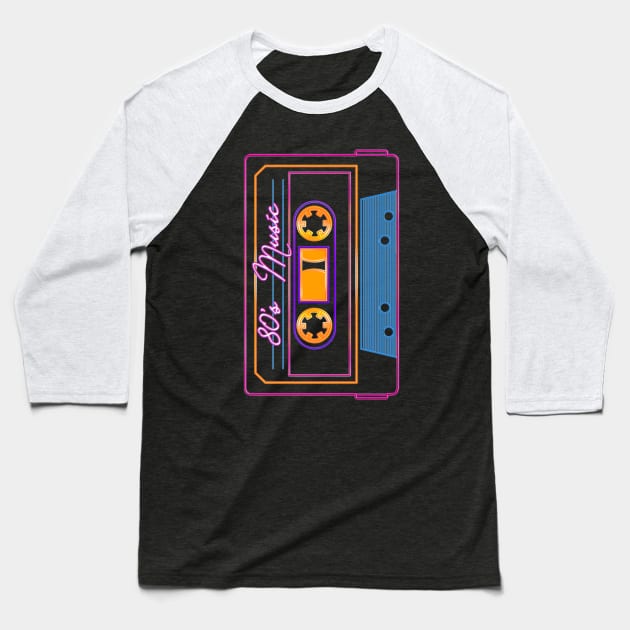 80s Neon Style Eighties Music Cassette Tape Baseball T-Shirt by Skull Listening To Music